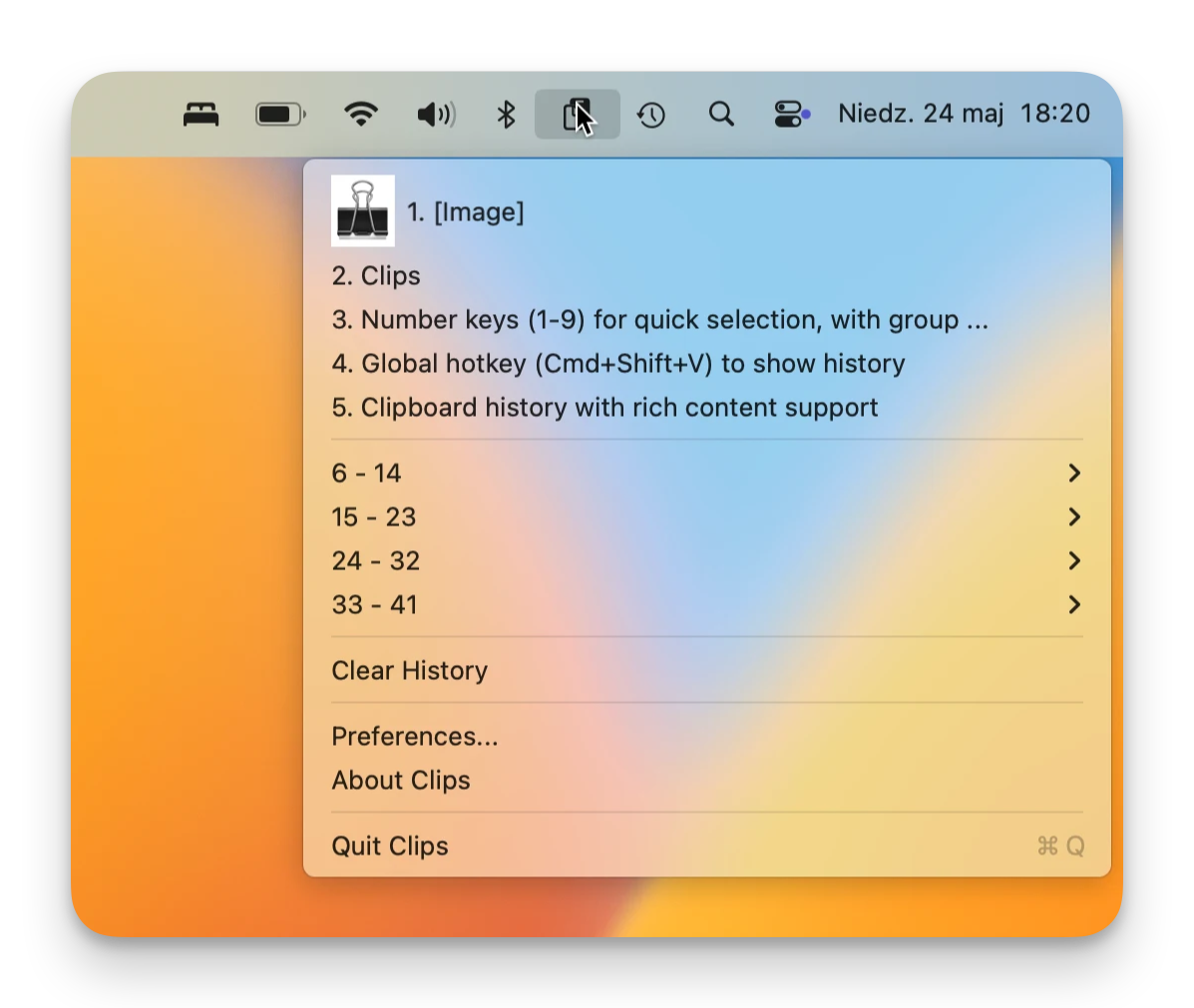 Clips menu screenshot